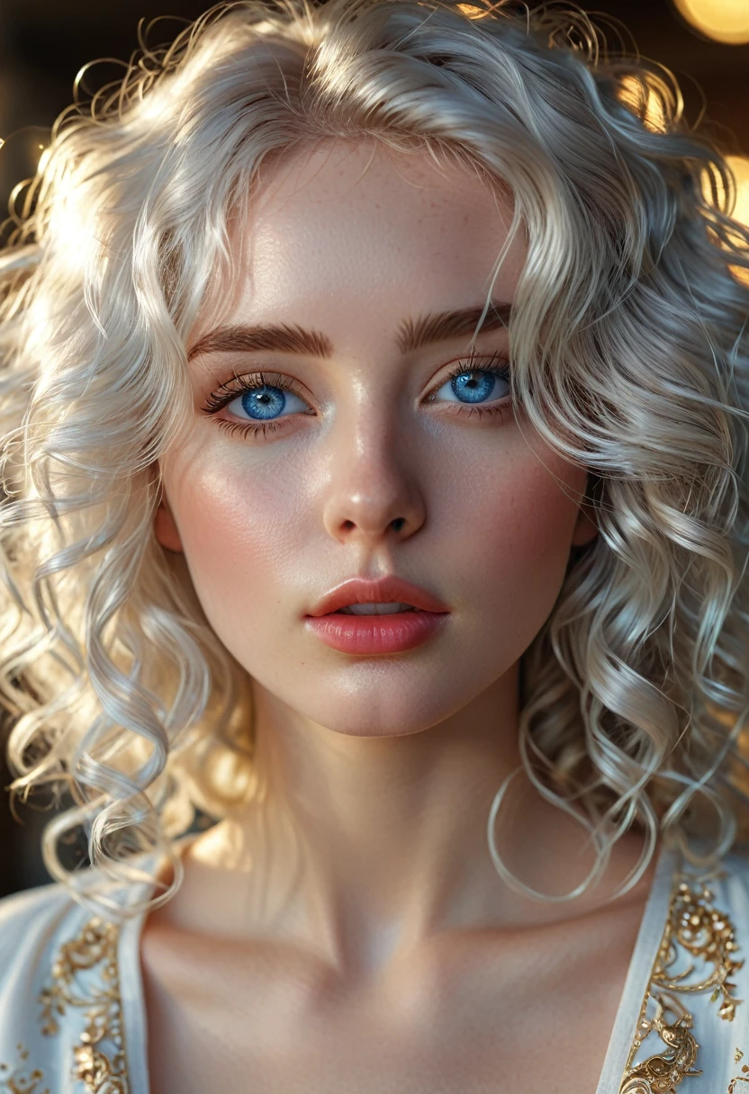 (perfect details), (extremely fine and beautiful:1.1), beautiful face, beautiful light blue eyes, (detailed face, detailed eyes:1.2), realistic skin textures, detailed pouty lips, very pale skin, shiny curly white hair, (add layer:1.2), dynamic angle, scenery MM, dramatic lighting, volumetric lighting, golden hour, masterpiece, best, quality, exotic pale Girl, hd. Realistic, 8k, hyper realistic details