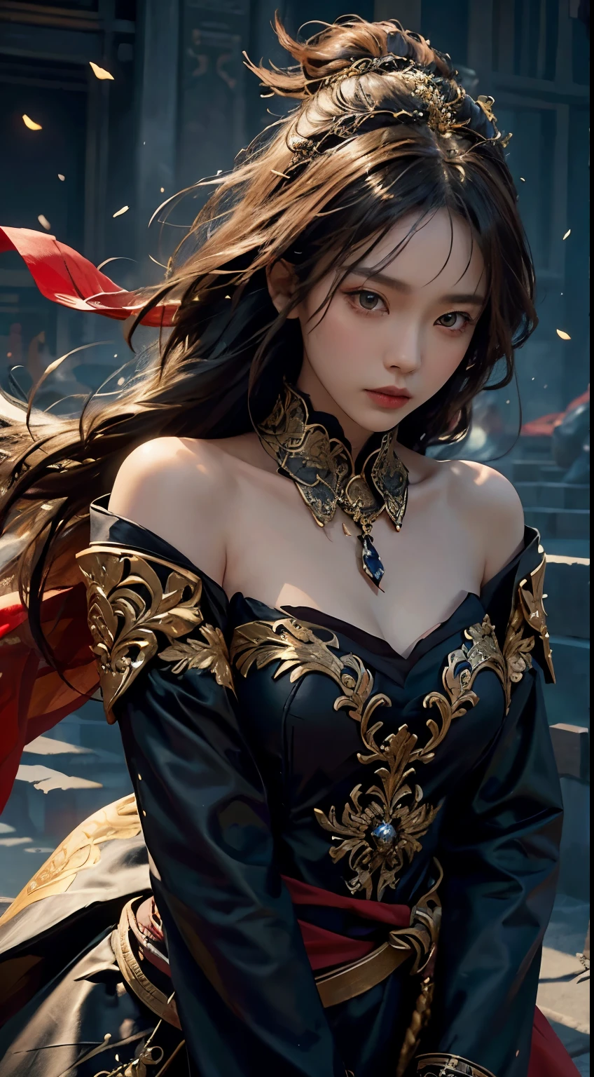 Realistic interpretation of Eunwol from MapleStory: A young adult Asian woman with long, flowing black hair and piercing violet eyes. She wears a sleek, form-fitting black bodysuit with dark red accents and intricate golden embroidery. Over this, she dons a stylish, asymmetrical black coat with a high collar and a long, flowing red scarf that whips dramatically in the wind. Her arms are adorned with ornate arm guards, and she wears fingerless gloves. At her waist hangs a beautifully crafted katana with a red and gold hilt. Her expression is intense and focused, conveying a sense of determination and mystery. The lighting is dramatic, with shadows accentuating her features and the details of her outfit. The background suggests a modern urban nightscape, hinting at her role as a skilled warrior in a contemporary setting. The overall atmosphere is one of elegance, power, and intrigue, blending traditional Asian aesthetics with a futuristic edge. 무기는 너클, 검은색 도복 , 혼령불 , 도깨비불 효과도 추가해줘