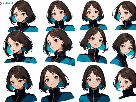 (masterpiece, best quality), 1girl, anime character facial expression sheet, Draw one facial expression from various directions ...