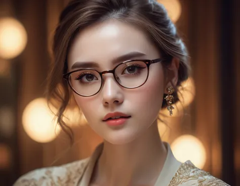 beautiful girl wearing glasses,detailed facial features,long eyelashes,porcelain skin,delicate facial expression,elegant hairsty...