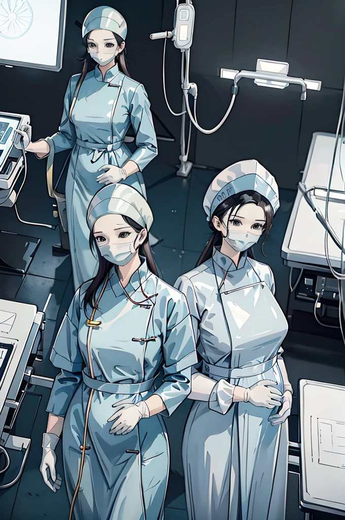 Score_9, Score_8_up, Score_7_up, source_anime, pale skin, surgical mask, surgical cap, long sleeve surgical gown,
1 girl, pregnant, solo, rubber gloves, looking down, frowning, operating bed, in the operating room, standing,