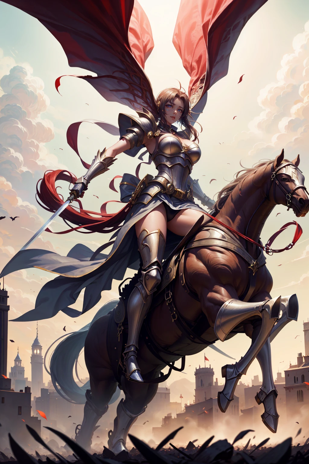 sexy swordsman knight woman riding on a horse on the battlefield