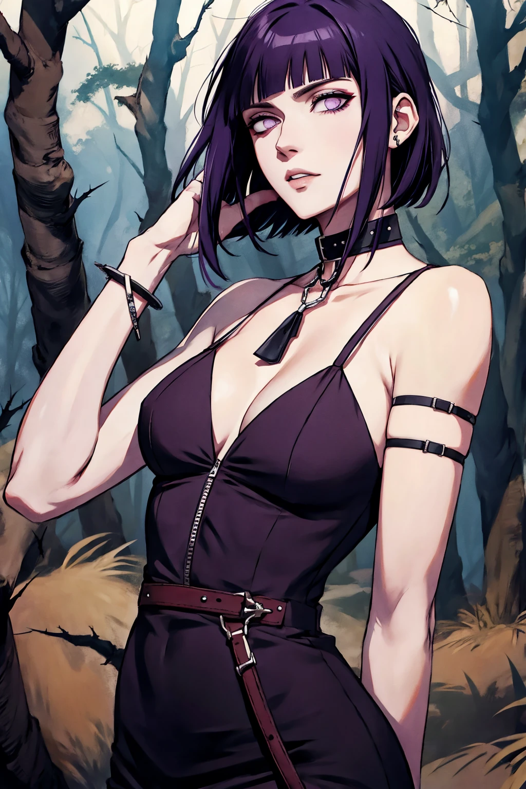 Hyuuga Hinata, cabelo roxo, pele pálida, roupas punk rock, colar de espinhos no pescoço, pulseiras de espinhos nos pulsos, no meio de uma floresta