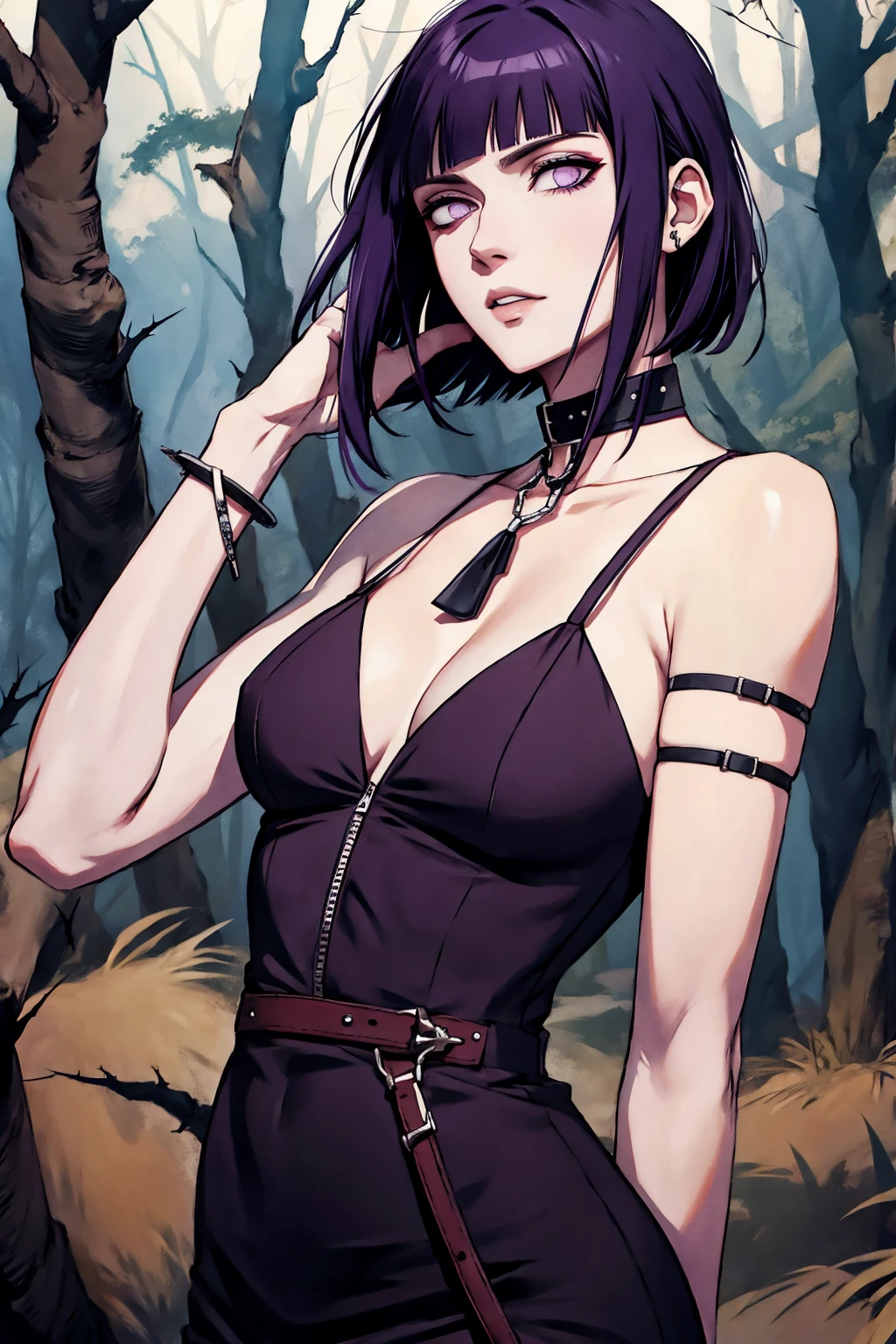 hyuuga hinata, cabello purpura, Piel pálida, ropa punk rock, collar de espinas alrededor del cuello, pulseras de espinas en las muñecas, En medio de un bosque