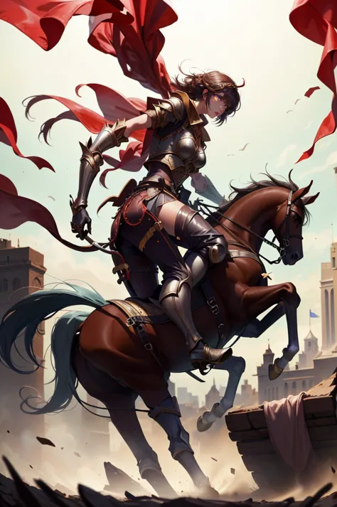 sexy swordsman knight woman riding on a horse on the battlefield, feet with leather boots