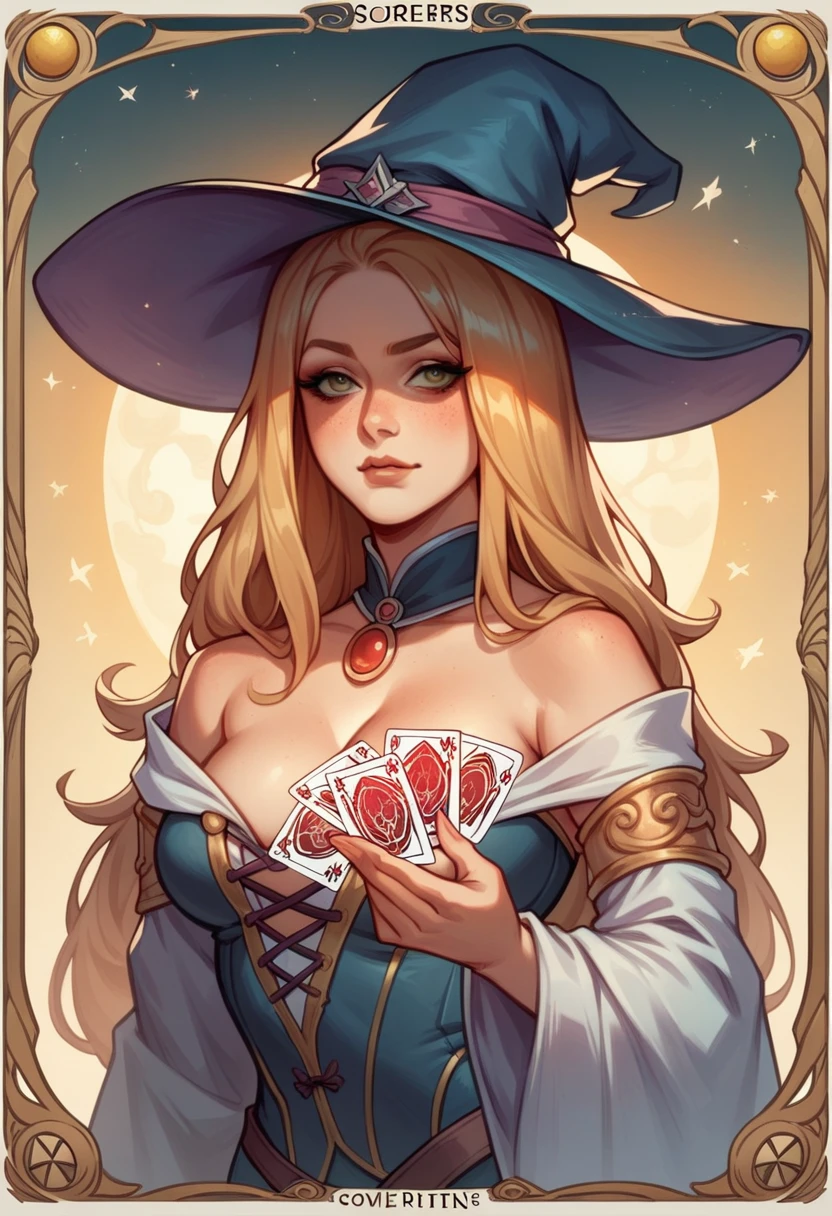 Asian Brunette Cat Girl, Blonde with Long Hair, Witch, Sorceress, daughter of darkness, full of powers, strong and imposing, war scene illustration, centred image, a single image on a single card, with golden Bronze and Silver borders,