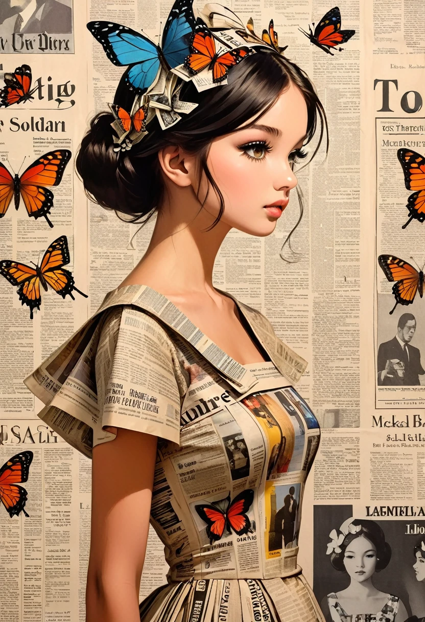 Side view girl, Solitary, Wearing a magazine cover dress, Delicate facial features and long eyelashes, A butterfly landed on her head, There were newspaper clippings all around.. Girl&#39;s face with realistic details, Bright colors，Clear focus. The overall image is a high-resolution masterpiece, Suitable for magazine cover. The art style is a mix of photography and concept art. Bright and eye-catching colors. The lighting is studio style, Soft lighting. Tips also include text and barcodes commonly found on magazine covers.