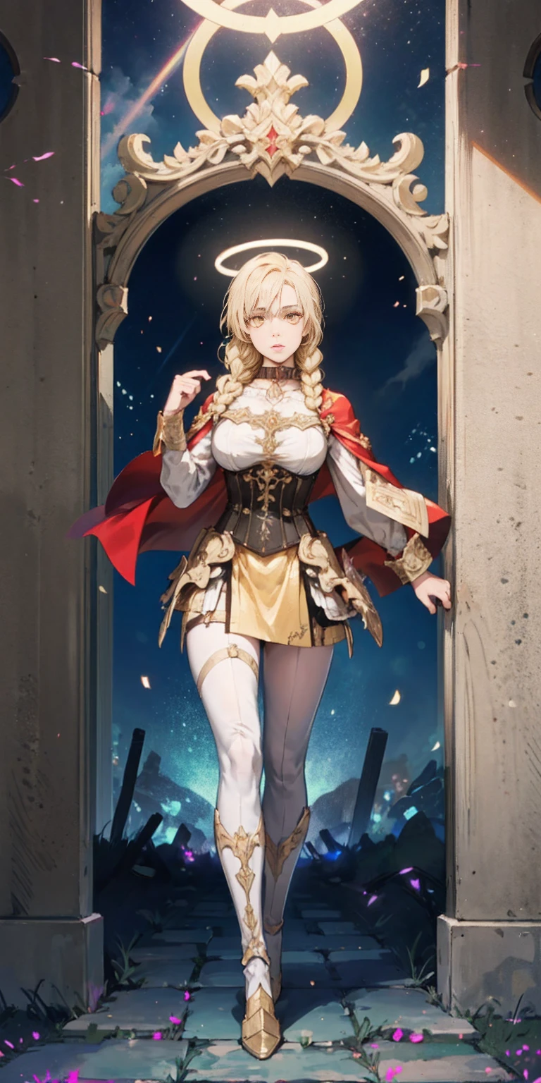 Tiffany Towers full body of paladin lady in ornate golden armor, black collar, pauldrons, breastplate, corset, glowing halo, single braid, blonde, yellow glowing eyes, bright pupils, eye focus, red cape, temple indoors, stained glass windows, night, moonlight, particles, light beam, chromatic aberration