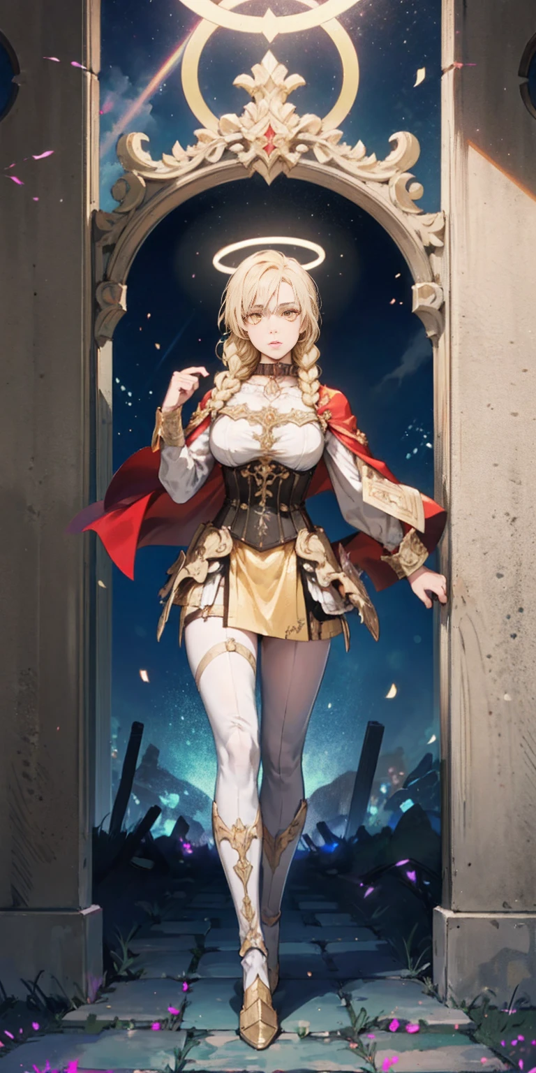 Tiffany Towers corps complet d&#39;une dame paladin en armure dorée ornée, Col noir, épaulettes, pectoral, corset, halo lumineux, tresse simple, blond, yeux jaunes brillants, Des élèves brillants, mise au point des yeux, Cape rouge, temple à l&#39;intérieur, vitraux, nuit, clair de lune, particules, faisceau de lumière, aberration chromatique