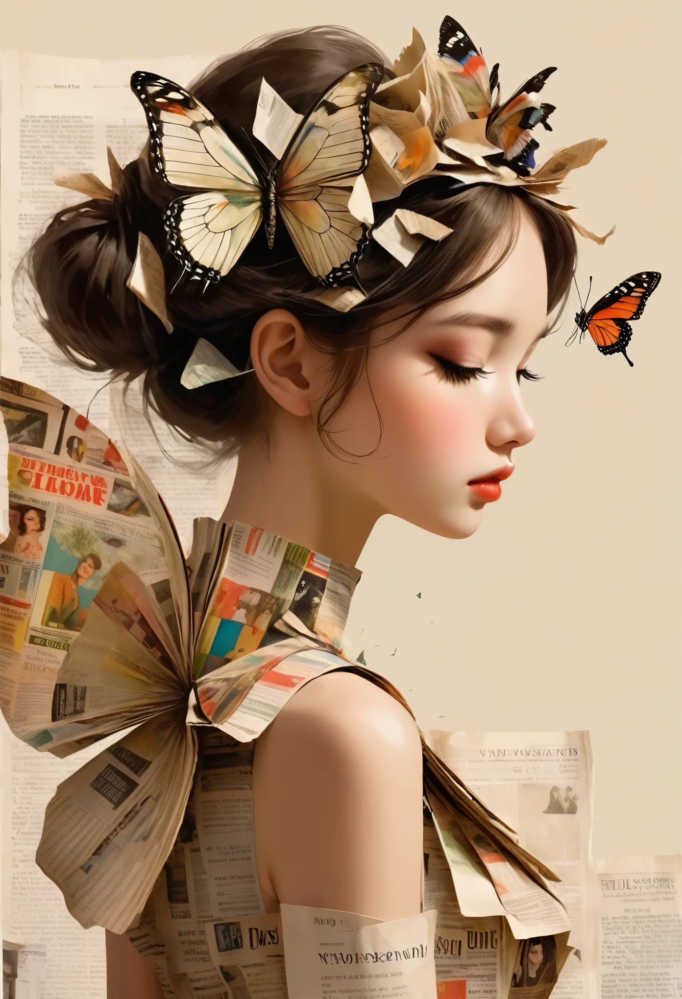 Side view girl, Solitary, Wearing a magazine cover dress, Delicate facial features and long eyelashes, A butterfly landed on her head, There were newspaper clippings all around.. Girl&#39;s face with realistic details, Bright colors，Clear focus. The overall image is a high-resolution masterpiece, Suitable for magazine cover. The art style is a mix of photography and concept art. Bright and eye-catching colors. The lighting is studio style, Soft lighting. Tips also include text and barcodes commonly found on magazine covers.