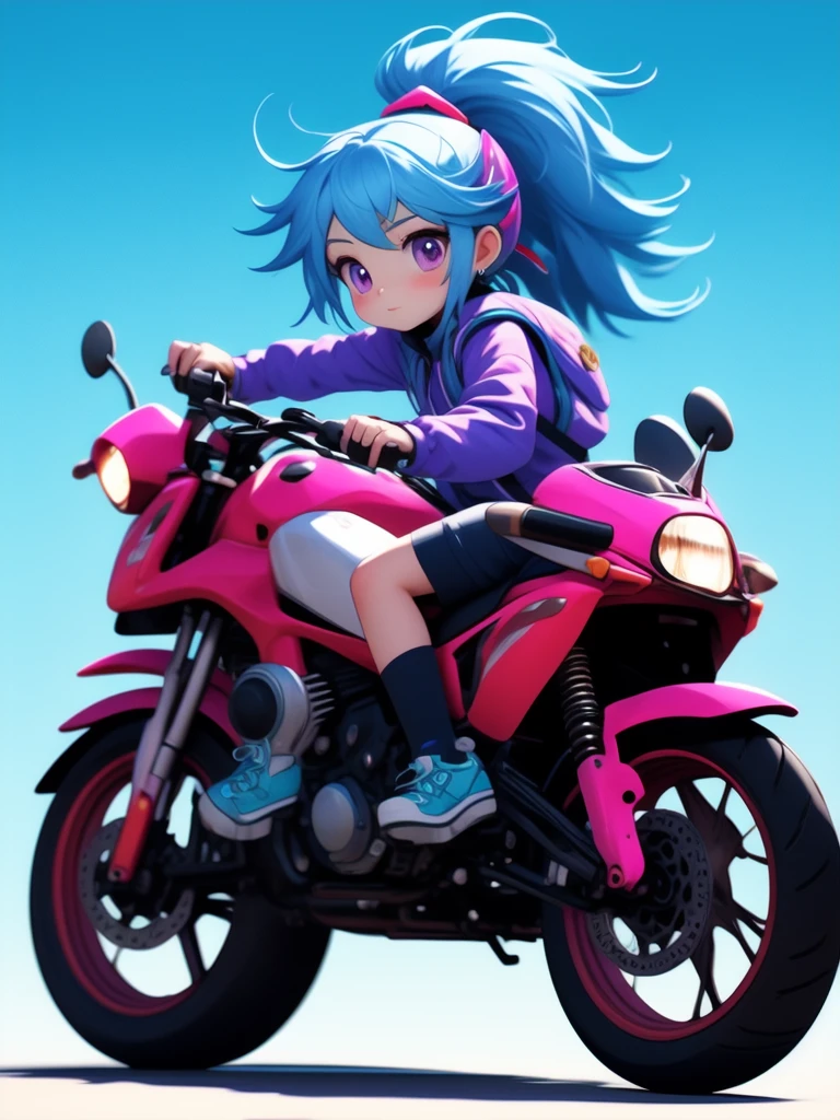 kawj,chibi,1girl, solo, ground vehicle, shorts, motor vehicle, shoes, jacket, earrings, jewelry, multicolored hair, helmet, ponytail, bag, blue hair, gradient hair, helmet removed, blue shorts, sneakers, socks, long sleeves, pink footwear, purple eyes, full body, pink hair, hair ornament, motorcycle, sweater, backpack, pink jacket,