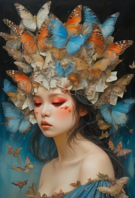 oil painting of a woman with a butterfly mask on her head, jonathan young pintura, adriano borda, moths crawling on my face, mix...