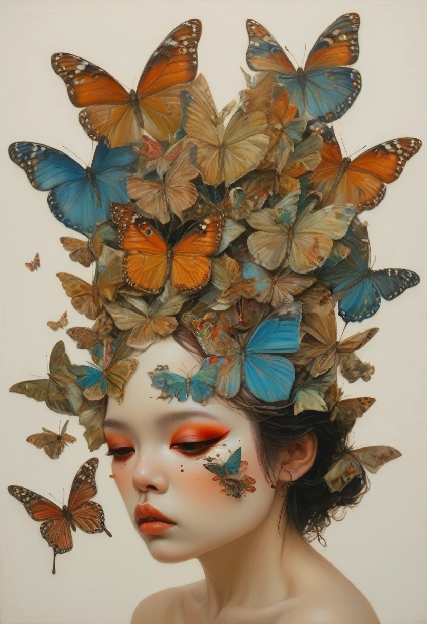 Oil painting of a woman with a butterfly mask on her head, Jonathan Young Pintura, Adriano Borda, Moths crawling on my face, Mixed media in clay form, Intricate oil painting artwork, Shin Jin Hye, Mixed Media, directed by: Ishaq Holtz, Half Woman Half Butterfly, Made from dried flowers, Highly conceptualized figurative art, Portrait of a fairy