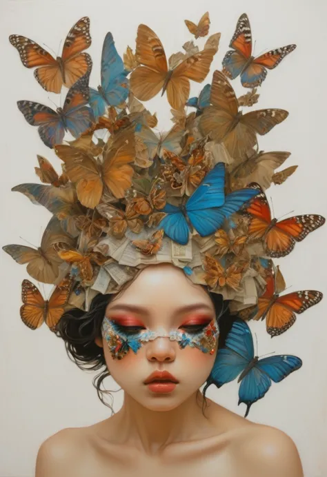 oil painting of a woman with a butterfly mask on her head, jonathan young pintura, adriano borda, moths crawling on my face, mix...