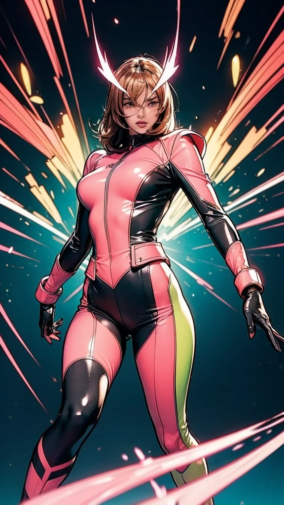 Solo, A brave and courageous image of a 6 member ranger team, Each one is decorated in vibrant colors such as:: ((Pink)), red is front of center, violet, Green, yellow, blue black, white,. Dynamic poses in a background that exudes energy and courage, neon, fire, plasma, Fluorescent, shocking, pink big bomber, splashing pink, running, fighting pose, action pose, Embodying the essence of the classic Sentai superhero team. Each Ranger:: The attire is sophisticated and modern, Each color has elements that reflect its theme., Ready for action. ((Camel Toe)), weapons, in sunset background , in cinematic lighting, cover art mixed cinema poster style,