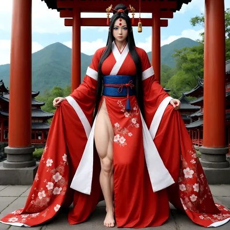 femboy, long hair, blue eyes, gigantic muscular body, shrine maiden outfit, big breasts, erect penis with big balls, 4 arms, ful...