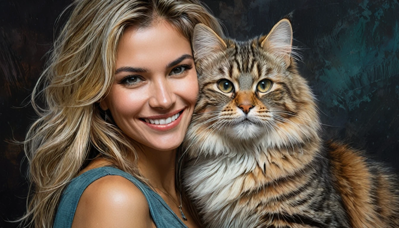 half  body,
a woman smile  with her best friend her Siberian cat,
dark complex background, style by Thomas Kinkade+David A. Hardy+Carne Griffiths+Mandy Disher half vivid colors fine art, best quality, high detailed, detailed faces, 2d,