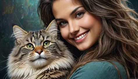 half  body,
a woman smile  with her best friend her siberian cat,
dark complex background, style by thomas kinkade+david a. hard...