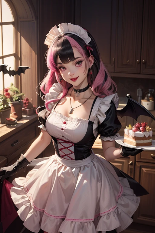 1 girl, a girl with bat wings on her back, perfectly hands, perfectly body, black choker, bat necklace, necklace, centered, bat jewelry, award winning upper body portrait, cowboy shot, (looking at viewer:1.2), Draculaura_MH, solo, black half hair, pink half hair, multicolored hair, long hair, ornament hair, choker, maid dress, maid clothes, maid headdress , maid apron, white apron, pink shirt, white dress, pink knee boots, smiling, kitchen scenery, cake on focus, kitchen, stand up close to window, depth of field, cinematic composition, ((high quality)), ((Work of art)), (more detail), half black hair, half soft pink hair, wave hair, smile, vampire fangs, bat wings, white dress, black dress with transparency, pink laces, black gloves, black high socks, high hills boots, bat jewelry, jewelry, seat on the grass, dark red roses on focus, Draculaura_(monster high), Monster High, looking at the viewer, more details on the clothes, 