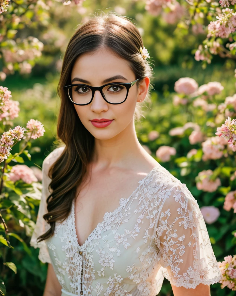 a woman wearing glasses, beautiful detailed eyes, beautiful detailed lips, extremely detailed eyes and face, long eyelashes, elegant hairstyle, girl in a garden, flower field, nature scene, sunlight, cinematic lighting, warm colors, vibrant colors, highly detailed, photorealistic, 8k, masterpiece, professional photography