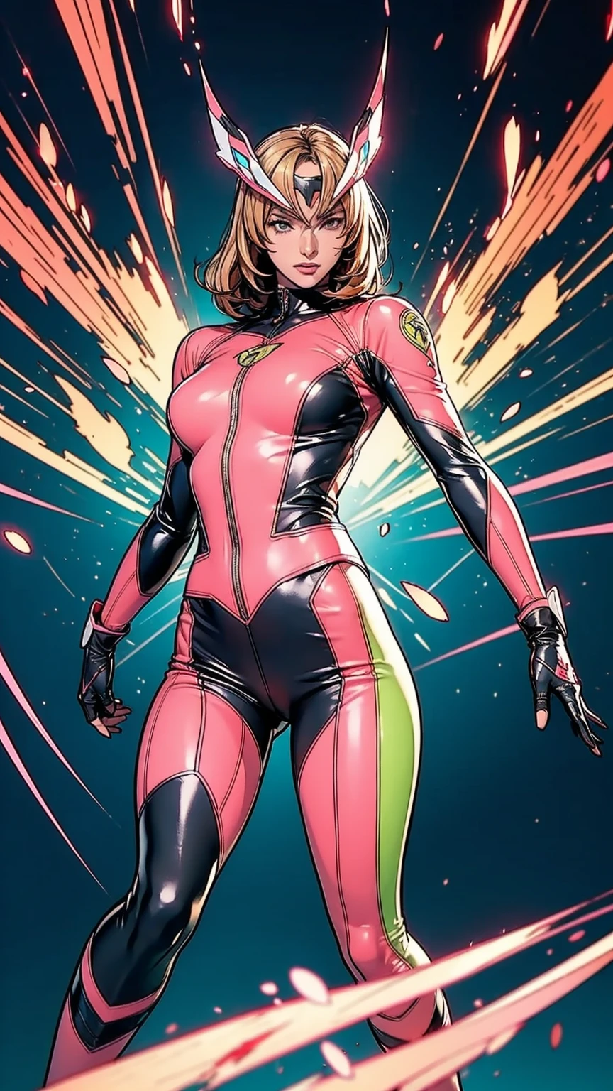 Solo, A brave and courageous image of a 6 member ranger team, Each one is decorated in vibrant colors such as:: ((Pink)), red is front of center, violet, Green, yellow, blue black, white,. Dynamic poses in a background that exudes energy and courage, neon, fire, plasma, Fluorescent, shocking, pink big bomber, splashing pink, running, fighting pose, action pose, Embodying the essence of the classic Sentai superhero team. Each Ranger:: The attire is sophisticated and modern, Each color has elements that reflect its theme., Ready for action. ((Camel Toe)), weapons, in sunset background , in cinematic lighting, cover art mixed cinema poster style,