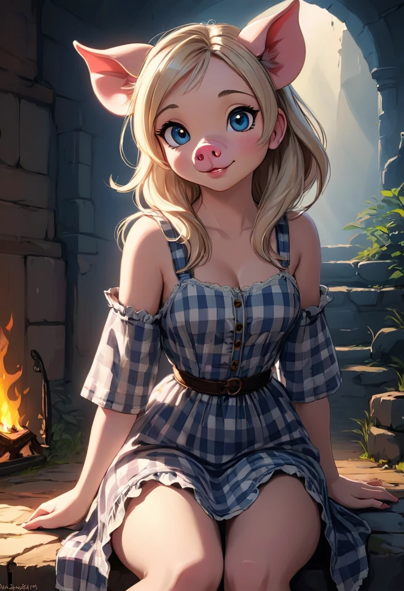 Create an illustrated, hand-drawn, full-color image of an humanoid, hybrid, anthropomorphic, sexy pig woman. The artwork should be rendered in the style of "Breath of the Wild," featuring warm lighting and shadows. Include graphite shading, stencil marks, and airbrushed acrylic paint effects. The image should be of the highest quality, a masterpiece with intricate details. cow nose, cow ears. The pig woman should have a female, humanoid, appearance. She should have luscious lips, a wide smile, and bright, expressive eyes, exuding beauty, cuteness, and adorableness. Ensure the image is high resolution and sharply detailed, with a detailed and vibrant background. Scarlett Johanson, Alison Brie, Dove Cameron Incorporate mystical lighting in the background, creating a romantic and enchanting atmosphere. gingham dress.
