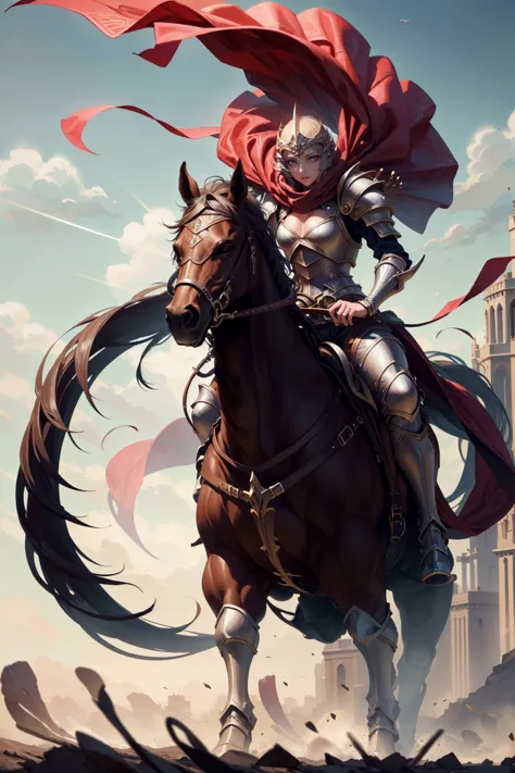 sexy swordsman knight woman riding on a horse on the battlefield