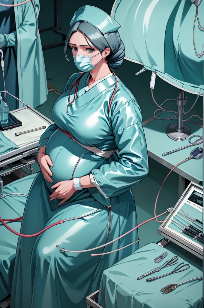 Score_9, Score_8_up, Score_7_up, source_anime, unohana retsu, pale skin, surgical mask, surgical cap, long sleeve surgical gown,
1 girl, pregnant, solo, rubber gloves, looking down, frowning, operating bed, in the operating room, standing,