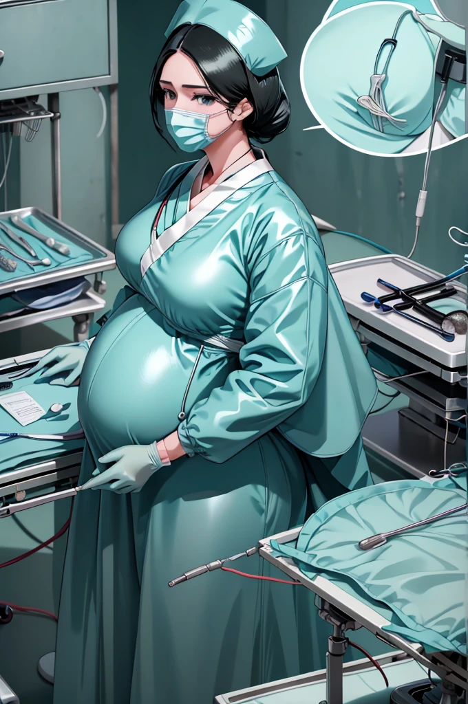 Score_9, Score_8_up, Score_7_up, source_anime, unohana retsu, pale skin, long black hair, surgical mask, surgical cap, long sleeve surgical gown,
1 girl, pregnant, solo, rubber gloves, looking down, frowning, operating bed, in the operating room, standing,