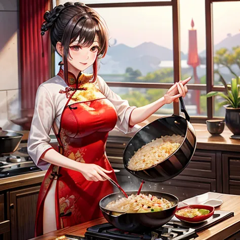 Mature Woman　Red Chinese Dress　Using a Chinese pan､Making fried rice　There is a slit