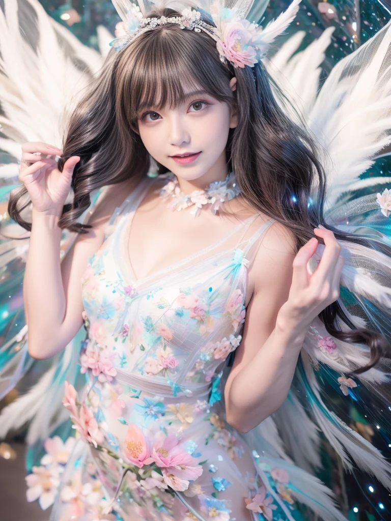 4K Ultra HD, masterpiece, girl, Nice face, Fine grain, Detailed lips, 花のFairyの少女, Big Wings, Transparent feathers, Neon Light, (Galaxy Background:1.5), (Floral Dress:1.8), (White Dress:1.5), In heaven,Angel、Fairy、(((Gentle Smile 1.3)))、(((Elegant pose 1.5)))、(((Blur the background)))、((1.85)))、