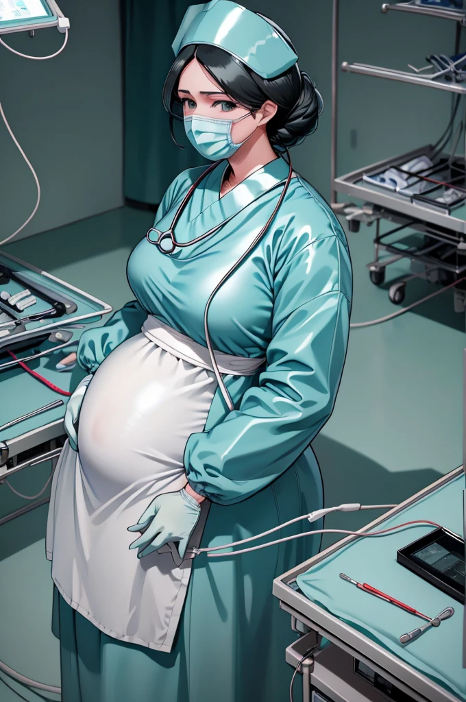Score_9, Score_8_up, Score_7_up, source_anime, unohana retsu, pale skin, black hair, surgical mask, surgical cap, long sleeve surgical gown,
1 girl, pregnant, solo, rubber gloves, looking down, frowning, operating bed, in the operating room, standing,