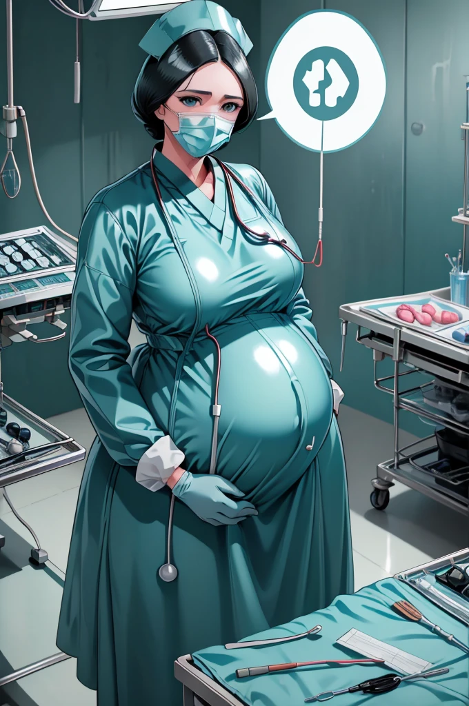 Score_9, Score_8_up, Score_7_up, source_anime, unohana retsu, pale skin, black hair, surgical mask, surgical cap, long sleeve surgical gown,
1 girl, pregnant, solo, rubber gloves, looking down, frowning, operating bed, in the operating room, standing,