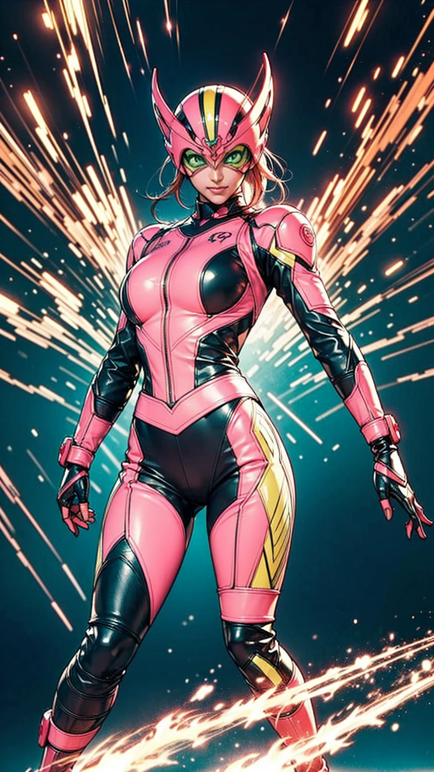 Solo, A brave and courageous image of a 6 member ranger team, Each one is decorated in vibrant colors such as:: ((Pink)), red is front of center, violet, Green, yellow, blue black, white,. Dynamic poses in a background that exudes energy and courage, neon, fire, plasma, Fluorescent, shocking, pink big bomber, splashing pink, running, fighting pose, action pose, Embodying the essence of the classic Sentai superhero team. Each Ranger:: The attire is sophisticated and modern, Each color has elements that reflect its theme., Ready for action. ((Camel Toe)), weapons, in sunset background , in cinematic lighting, cover art mixed cinema poster style,