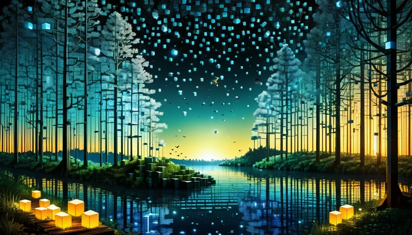 An enchanted forest made up of RAL-3D cubes, There are lots of little birds,Surrounded by the fantastic light of fireflies,Very beautiful secret forest,You can see a beautiful river flowing from the top of the mountain.,Birds are also flying