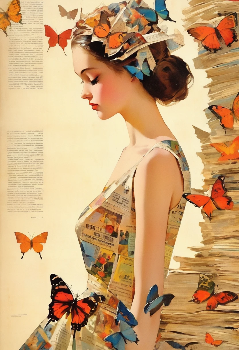 Side view girl, Solitary, Wearing a magazine cover dress, Delicate facial features and long eyelashes, A butterfly landed on her head, There were newspaper clippings all around.. Girl&#39;s face with realistic details, Bright colors，Clear focus. The overall image is a high-resolution masterpiece, Suitable for magazine cover. The art style is a mix of photography and concept art. Bright and eye-catching colors. The lighting is studio style, Soft lighting. Tips also include text and barcodes commonly found on magazine covers.