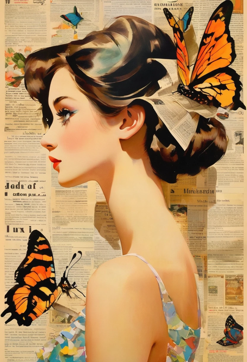 Side view girl, Solitary, Wearing a magazine cover dress, Delicate facial features and long eyelashes, A butterfly landed on her head, There were newspaper clippings all around.. Girl&#39;s face with realistic details, Bright colors，Clear focus. The overall image is a high-resolution masterpiece, Suitable for magazine cover. The art style is a mix of photography and concept art. Bright and eye-catching colors. The lighting is studio style, Soft lighting. Tips also include text and barcodes commonly found on magazine covers.