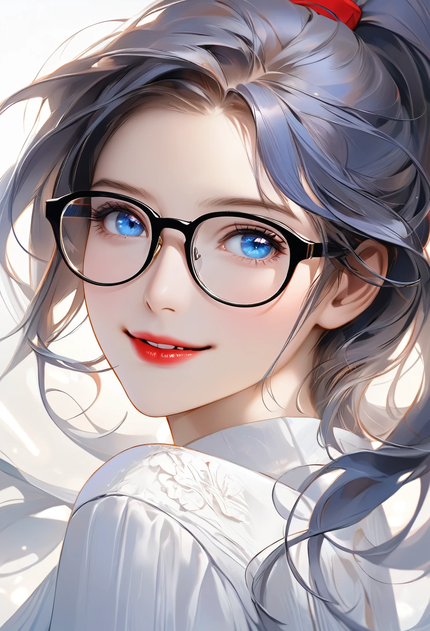 portrait of face only, best quality, super fine, 16k, 2.5D, delicate and dynamic depiction, beautiful woman with glasses, short Ponytail, blue eyes, enchanting smile, crimson lips