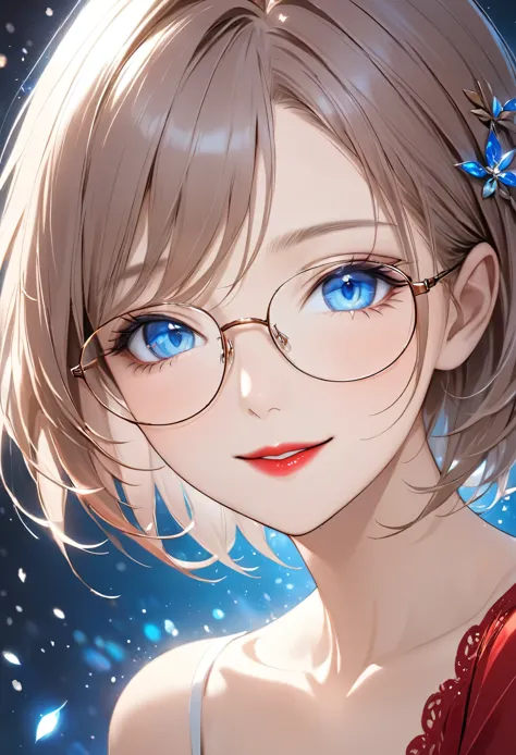 portrait of face only, best quality, super fine, 16k, 2.5d, delicate and dynamic depiction, beautiful woman with glasses, blue e...