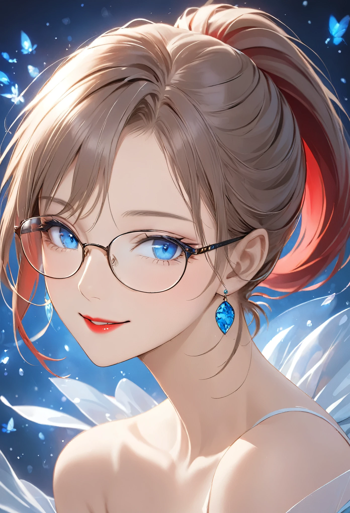 portrait of face only, best quality, super fine, 16k, 2.5D, delicate and dynamic depiction, beautiful woman with glasses, short Ponytail, blue eyes, enchanting smile, crimson lips