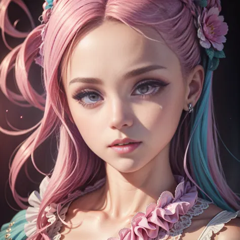 beautiful detailed woman, neckline, pink and blue hair, big eyes, extremely eyes, kawaii makeup, tender, magic effects with spar...