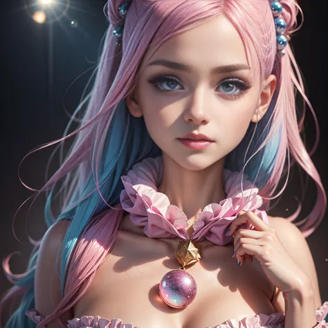 beautiful detailed woman, neckline, pink and blue hair, big eyes, extremely eyes, kawaii makeup, tender, magic effects with spar...