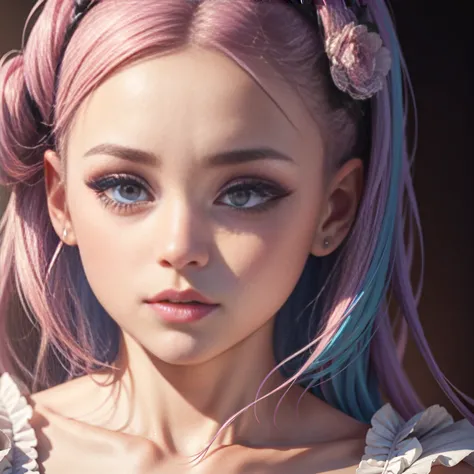 beautiful detailed woman, neckline, pink and blue hair, big eyes, extremely eyes, kawaii makeup, tender, magic effects with spar...