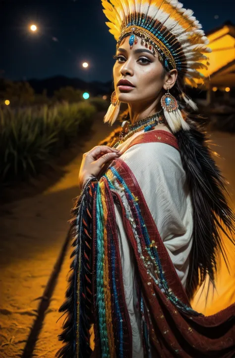 Beautiful Cherokee Indian woman with beautiful terracotta colored headdresses, blackw, doradas, cobre, Pearl, white and beige, f...