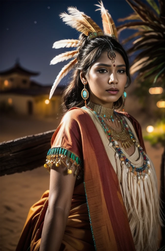 Beautiful Cherokee Indian woman with beautiful terracotta colored headdresses, blackw, doradas, cobre, Pearl, white and beige, feathers made of bright neon of various colors, flares on camera, bokeh, full moon night

