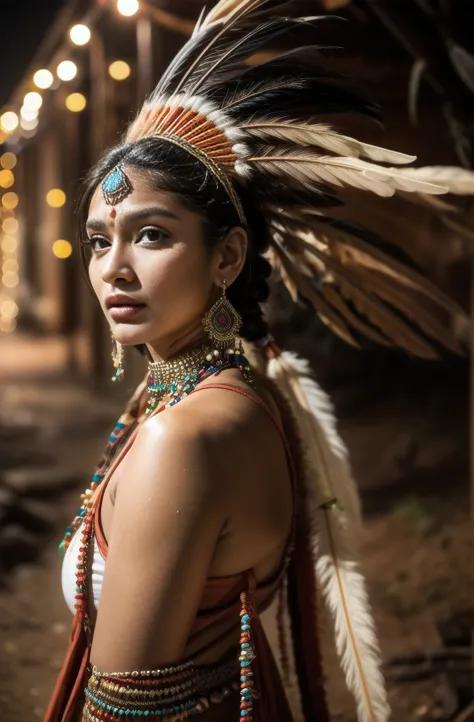 Beautiful Cherokee Indian woman with beautiful terracotta colored headdresses, blackw, doradas, cobre, Pearl, white and beige, f...