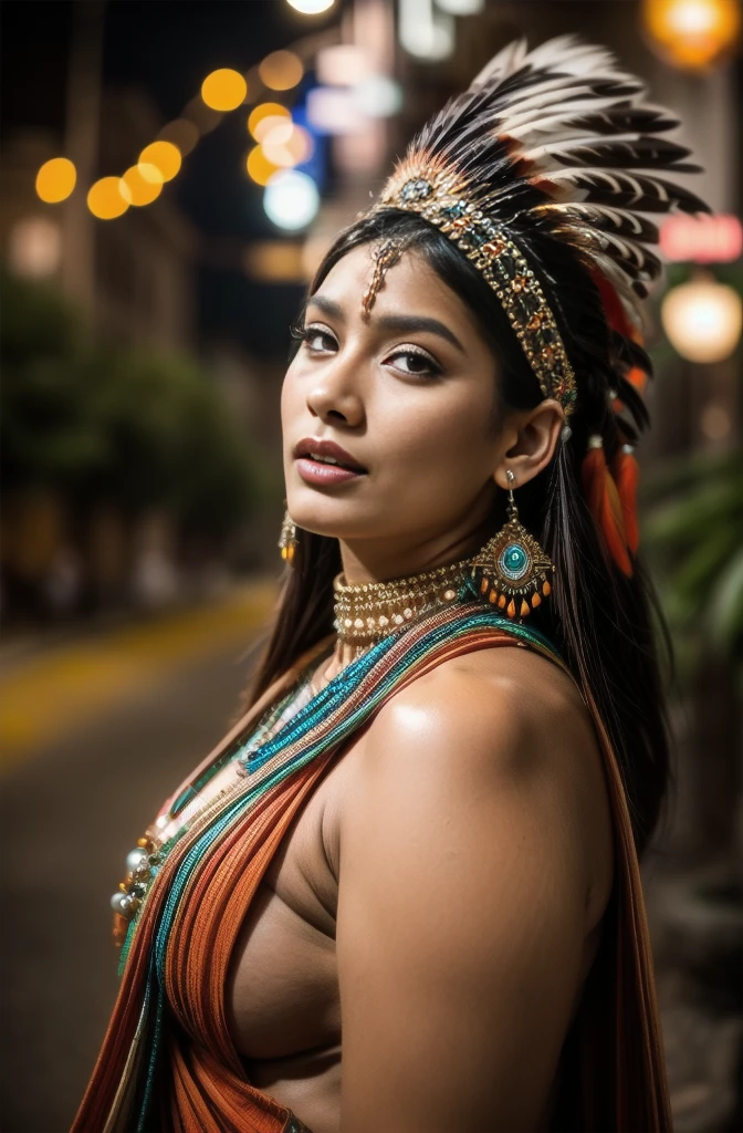 Linda mulher indiana Cherokee com lindos cocares coloridos de terracota, preto, doradas, cobre, Pérola, branco e bege, penas feitas de néon brilhante de várias cores, Sinalizadores na câmera, Bokeh, noite de lua cheia
