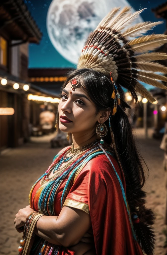 Hermosa mujer india Cherokee con hermosos tocados de color terracota, negro, doradas, cobre, perla, blanco y beige, plumas hechas de neón brillante de varios colores, flares on camera, bokeh, Noche de luna llena

