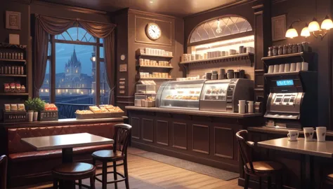 a victorian cozy night time at a coffe interior with cozy lighting and sweets in the shelves. There are coffee cups in the table...