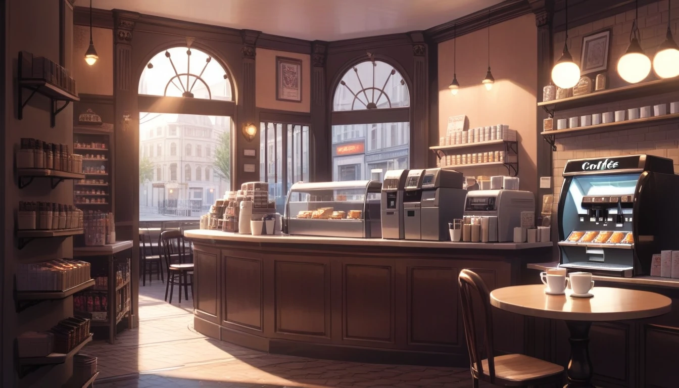 a victorian cozy night time at a coffe interior with cozy lighting and sweets in the shelves. There are coffee cups in the tables. a cash machine and a coffee maker machine in the counter,There is a big window in the middle of the coffeeshop and the outside view is the city at night